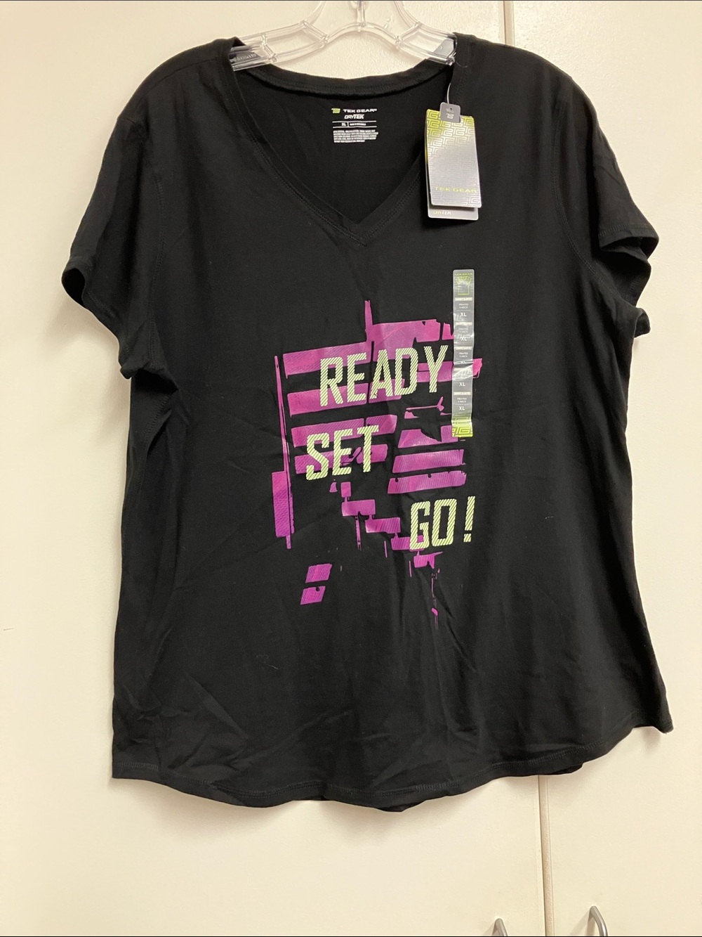 tek gear Black V-Neck Tee with Pink and Lime Graphic Print